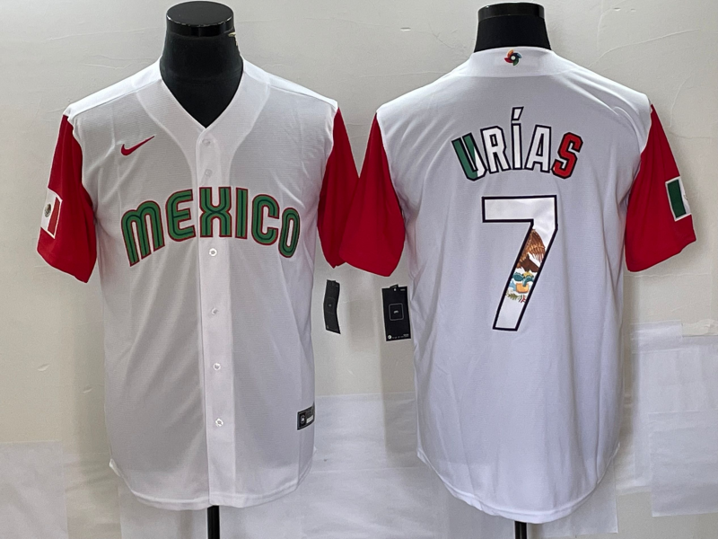 Men's Mexico Baseball #7 Julio Urías 2023 White Red World Baseball With Patch Classic Stitched Jersey Men's Mexico Baseball #7 Julio Urías 2023 White Red World Baseball With Patch Classic Stitched Jersey